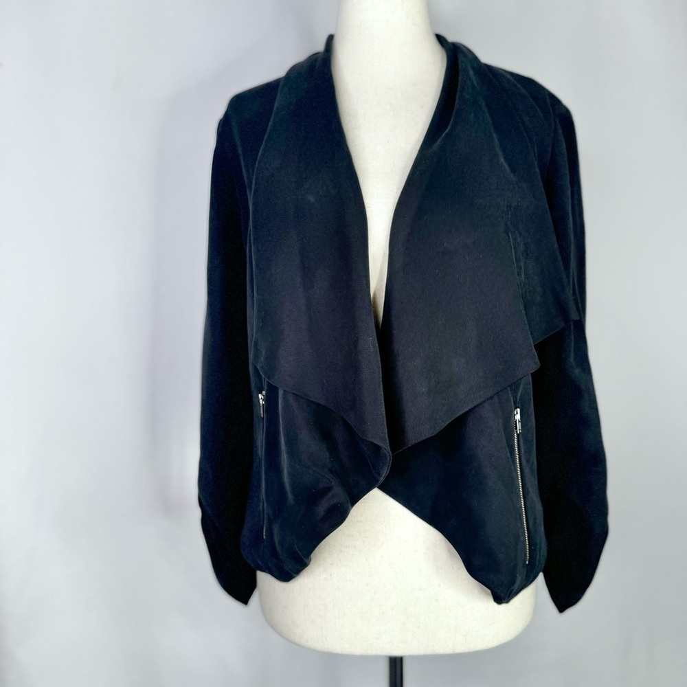 Cartonnier Anthropologie open front jacket zippered pockets tab sleeves shawl S